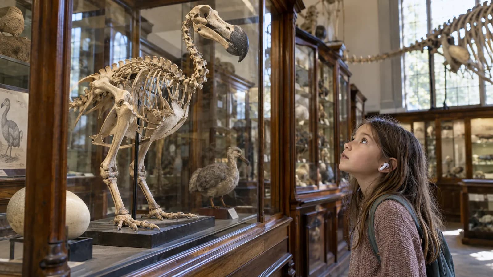 Une fillette avec un écouteur lève les yeux vers un squelette de dodo dans un muséum