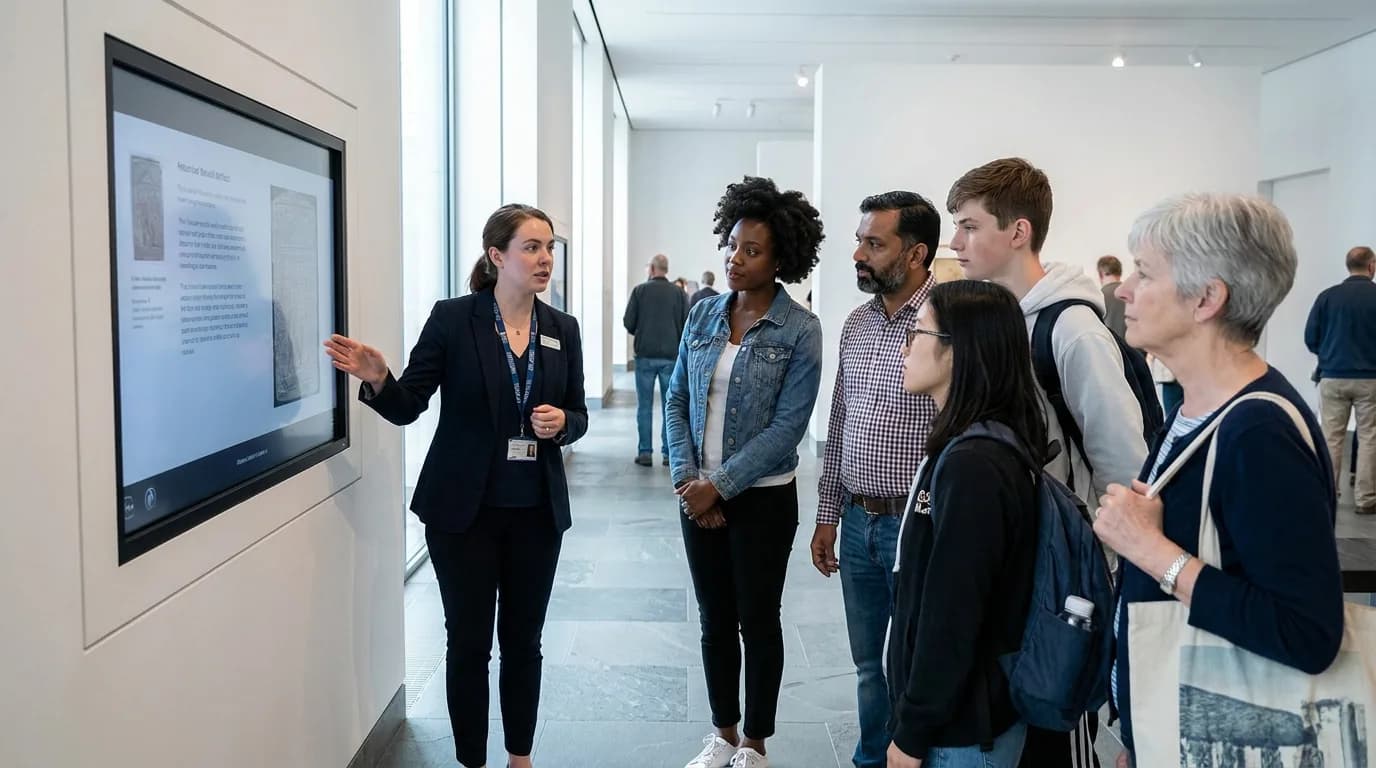 A museum educator explains the content of an interpretation screen to a group of visitors of varied ages and backgrounds