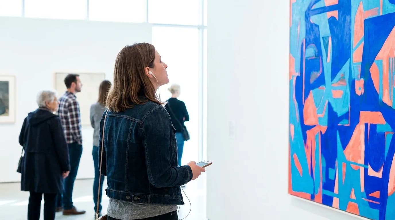 A visitor listens to a story with her own earphones and her own phone, in front of a contemporary painting