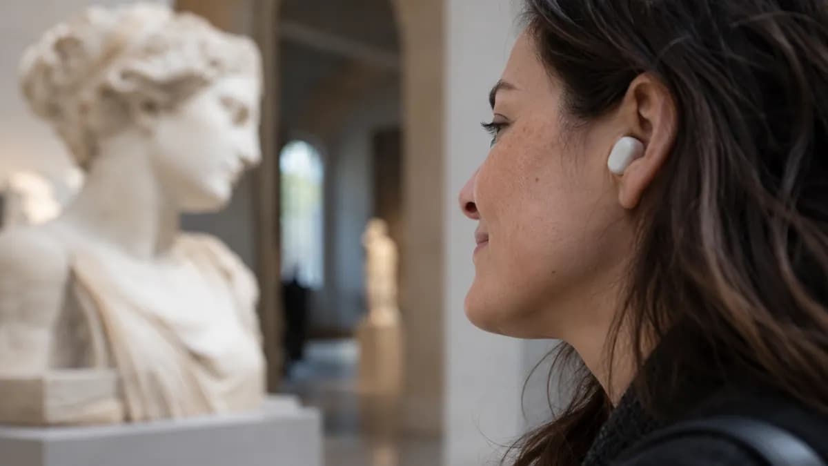 Gros plan sur l'oreille d'une visiteuse qui porte un écouteur, un buste de marbre flou devant elle